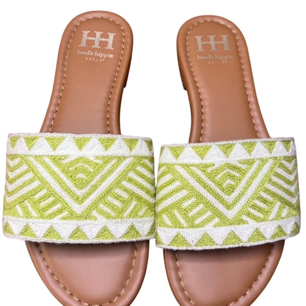 Haute Hippie Green and White Embroidered Slide Sandals